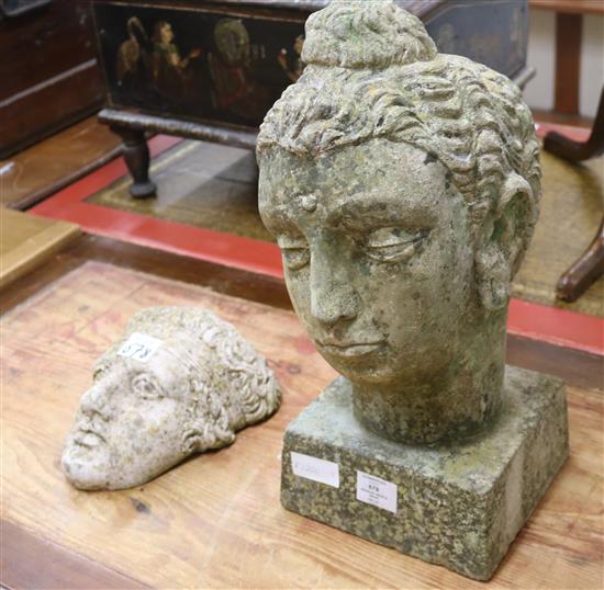 A reconstituted head of a Buddha and another classical head Buddhas head approx. H.47cm